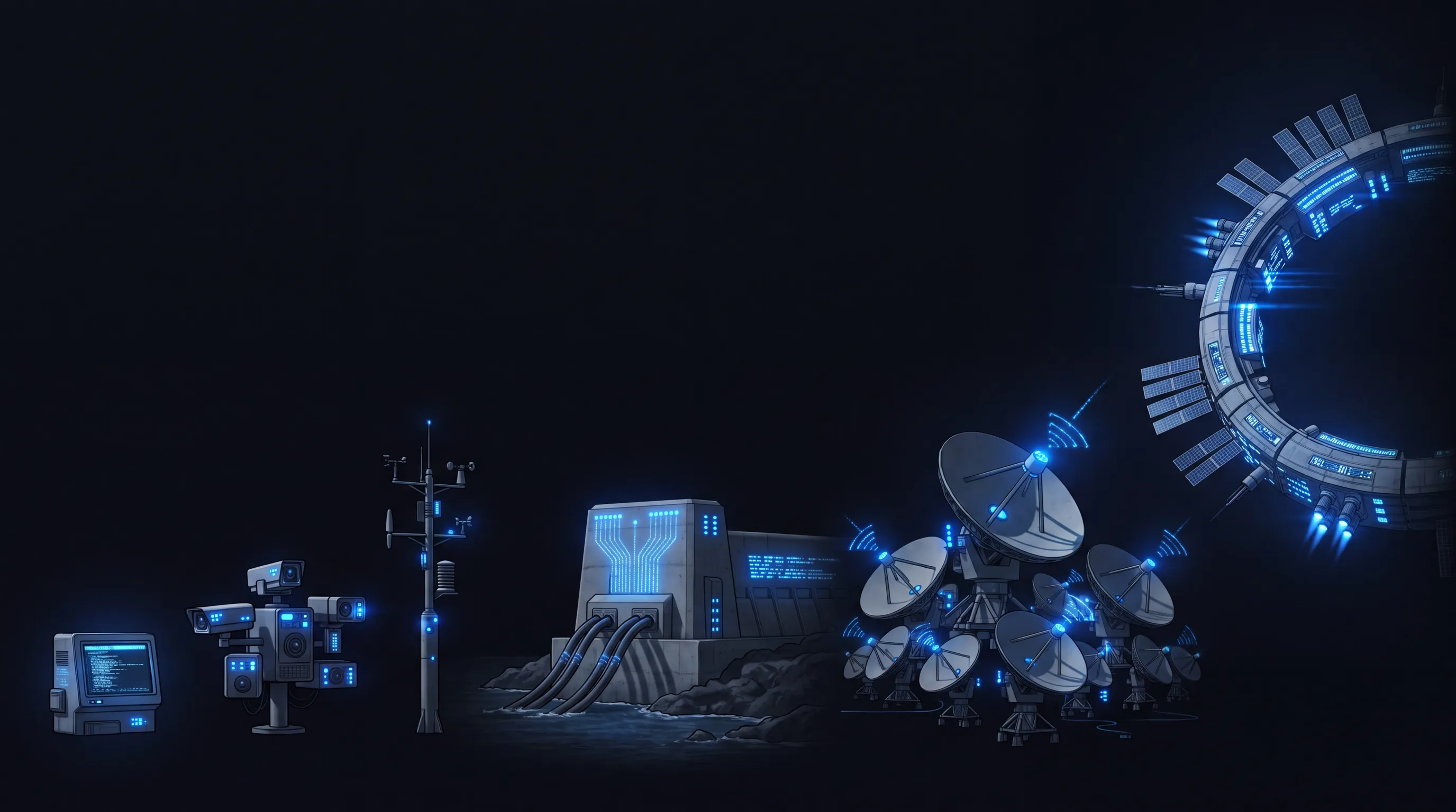 Datenquellen in aufsteigender Größe: ein Terminal, ein Kameramast, eine Sensorstation, ein Seekabel-Anlandepunkt, ein Feld von Parabolantennen und ein orbitaler Sensorring – blau leuchtend vor schwarzem Hintergrund.