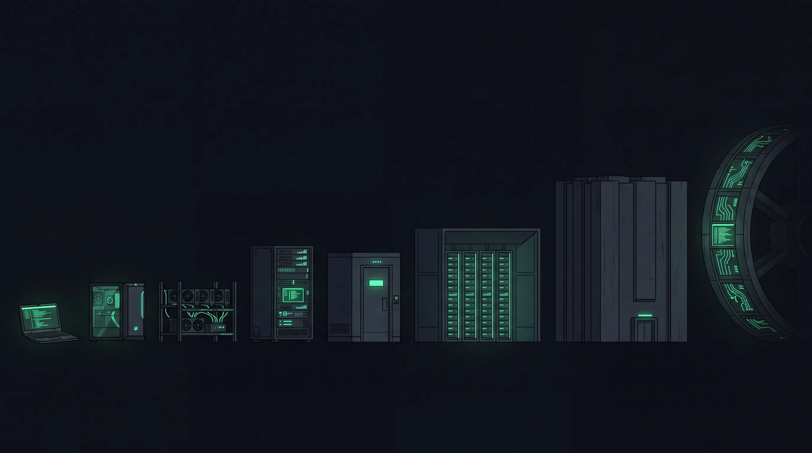 Acht Rechengeräte nebeneinander, von links nach rechts größer werdend: Laptop, Gaming-Tower, offenes GPU-Rig, Server-Rack, Serverraum, Rechenzentrum, Hyperscale-Halle und ein Orbitalring – alle im Dunkeln, beleuchtet nur von ihren eigenen grünen Statusanzeigen.