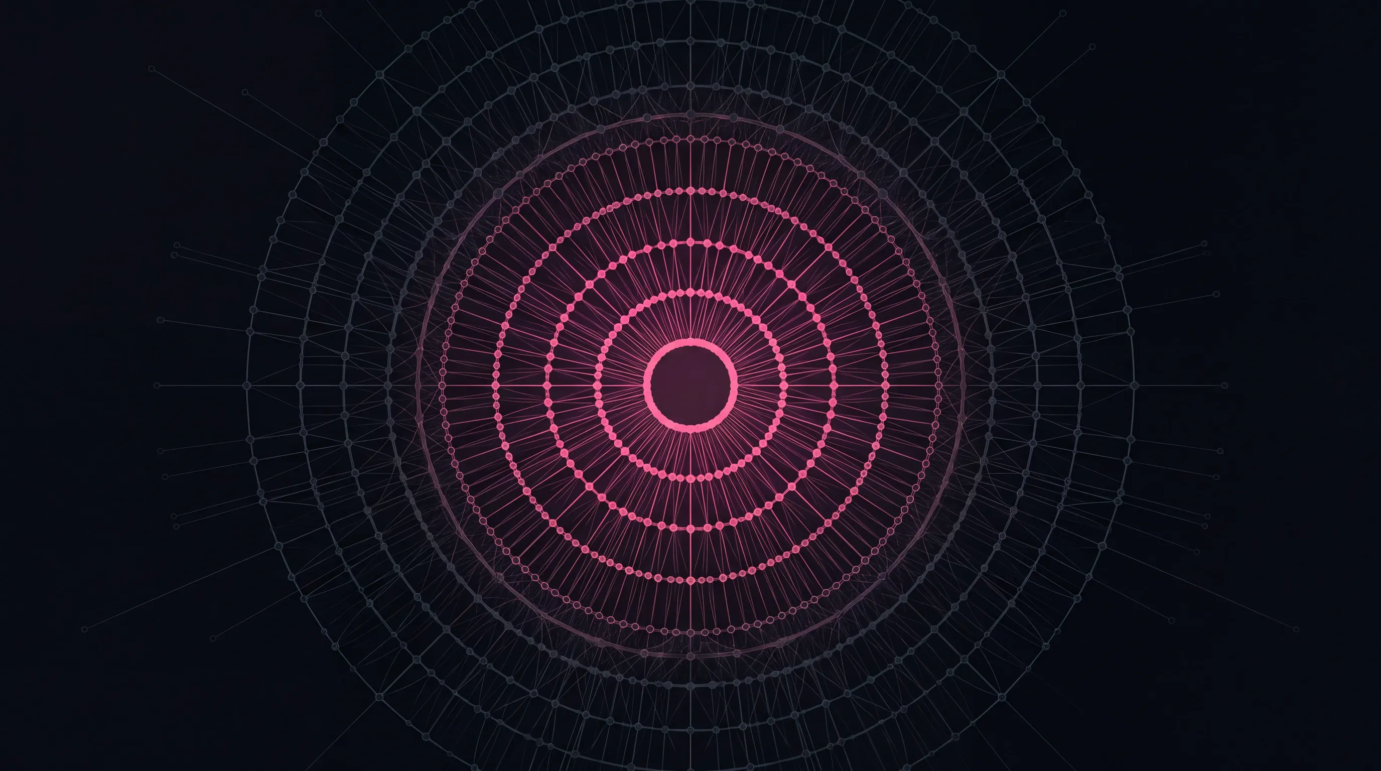 Ein riesiger kreisförmiger Graph aus konzentrischen Knotenringen; die inneren Ringe leuchten magenta, die äußeren liegen dunkel und unerschlossen im Schwarz.